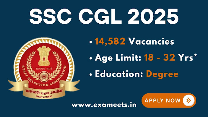 Digital recruitment banner for SSC CGL 2025 showing 14,582 government job vacancies, featuring a confident professional woman and an 'Apply Now' button on a teal background.