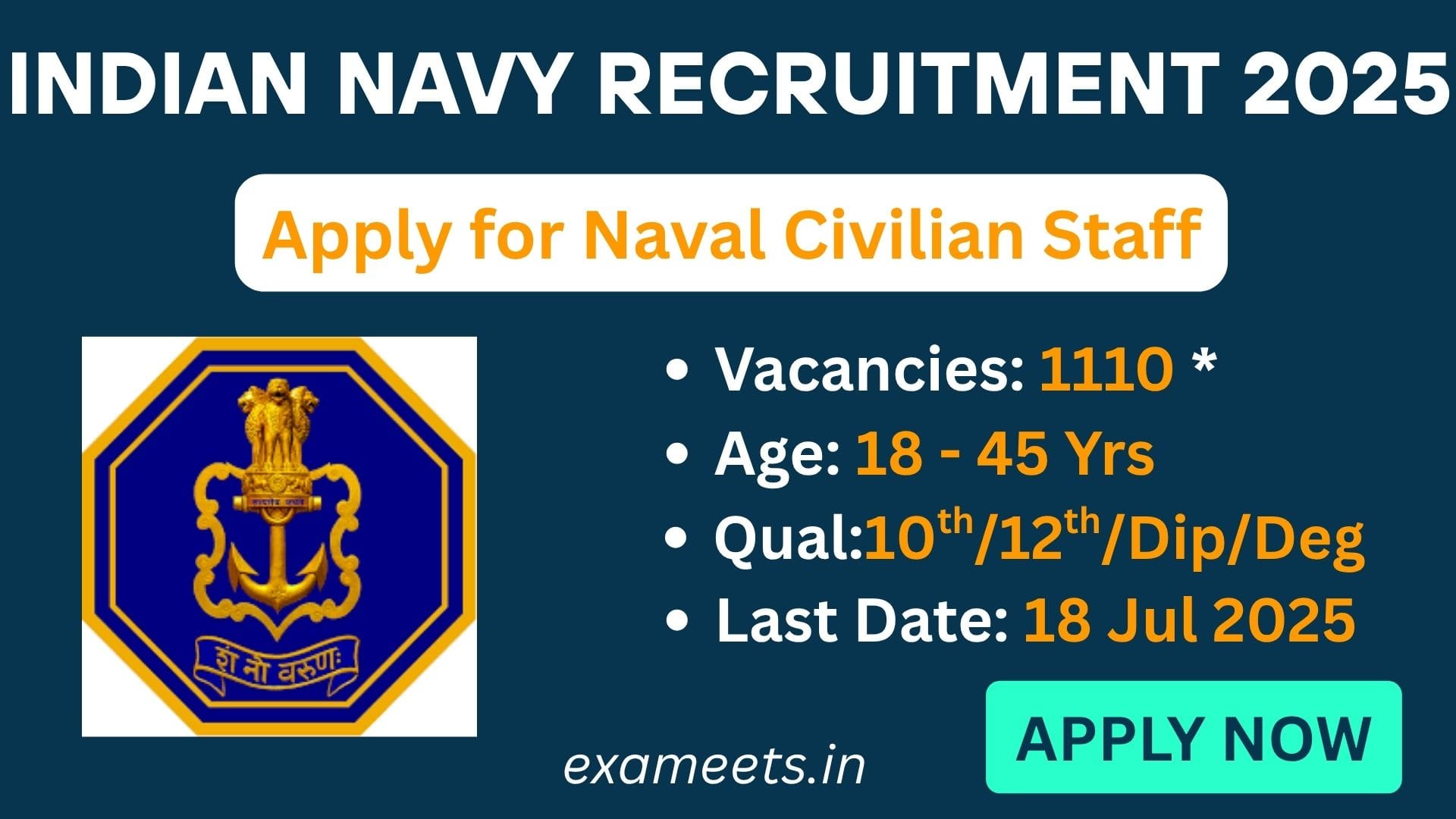 Indian Navy Recruitment 2025: 1110 Civilian Posts