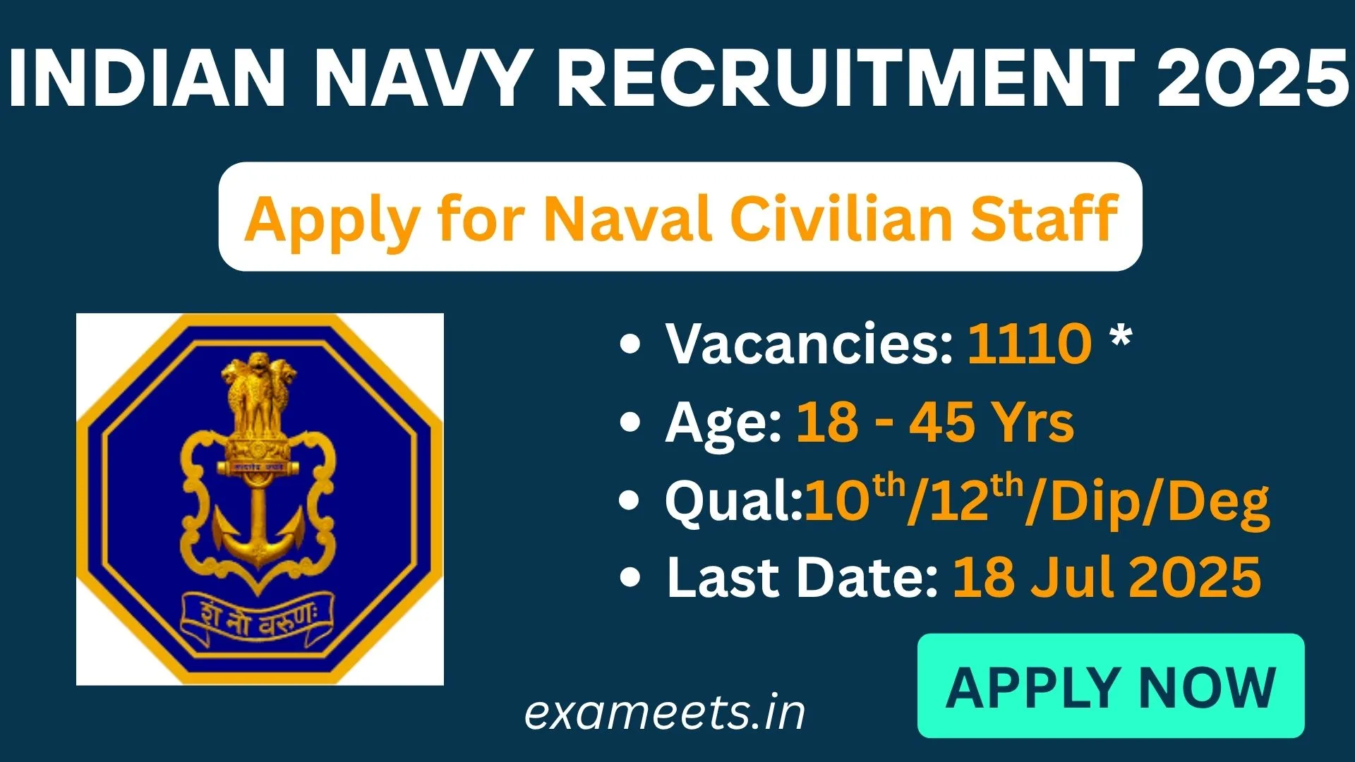 Indian Navy Recruitment 2025: 1110 Civilian Posts
