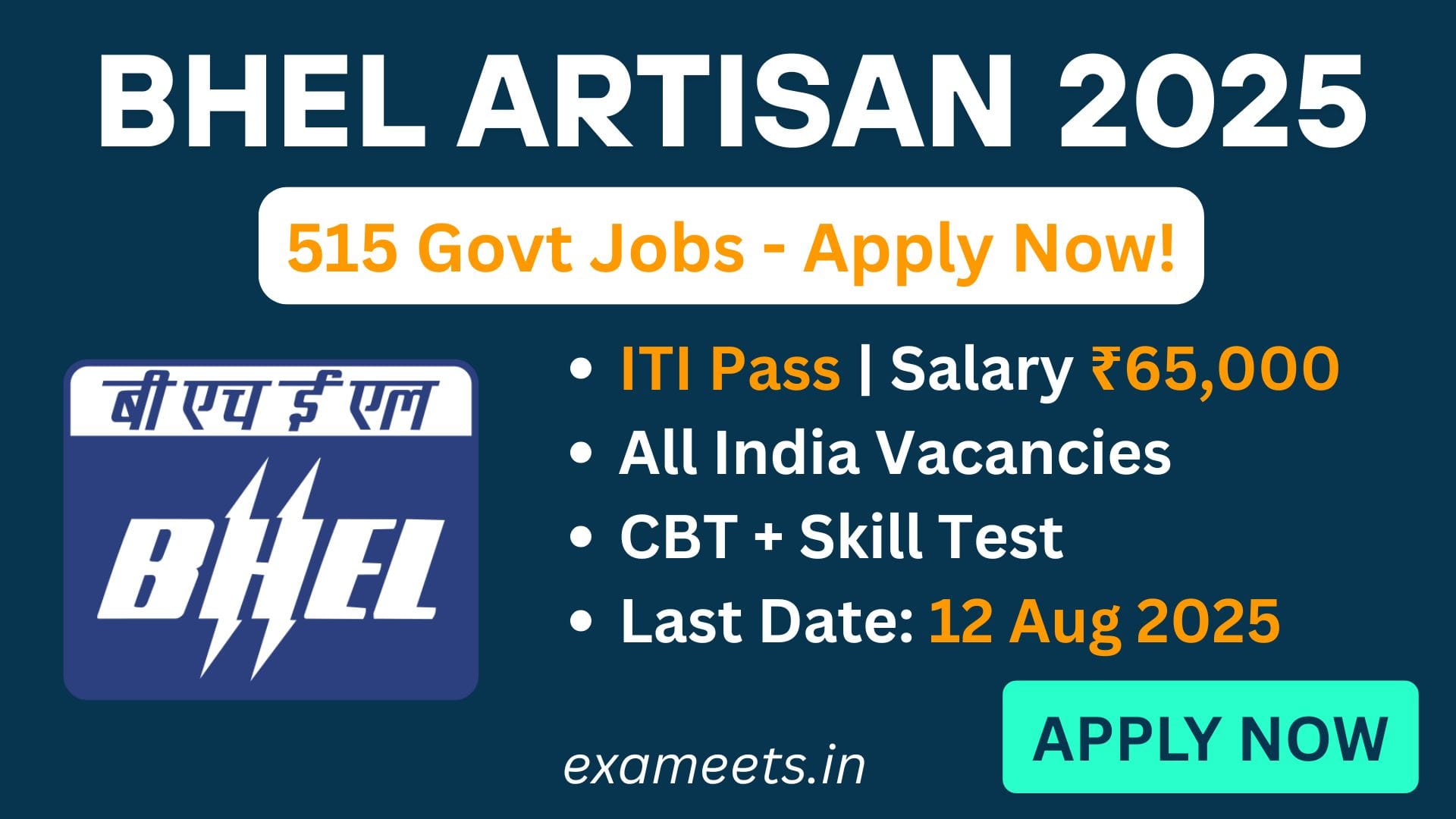 BHEL Artisan 2025 recruitment banner showing ITI trade jobs, application deadline, and government job benefits