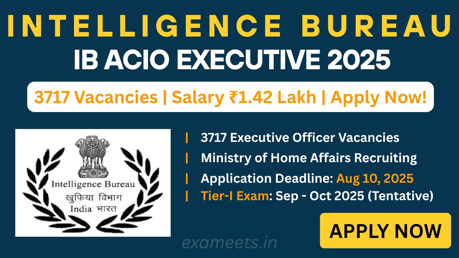 IB ACIO Executive 2025 Notification – Apply Online for 3717 Vacancies, Salary ₹44,900–₹1,42,400