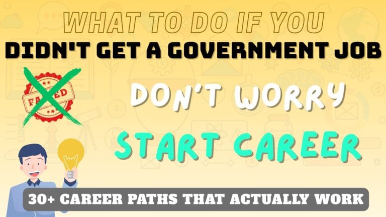 Young south asian man confidently holding a laptop with a bright yellow background, surrounded by career icons and the headline text: “failed a competitive exam? Here's what to do next! ” promoting career alternatives and success after government exam failure.