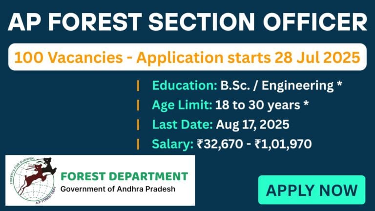 Ap forest section officer 2025 notification banner showing 100 vacancies, ₹32,670–₹1,01,970 salary, application dates from 28 july to 17 august, and eligibility for b. Sc. /engineering graduates.