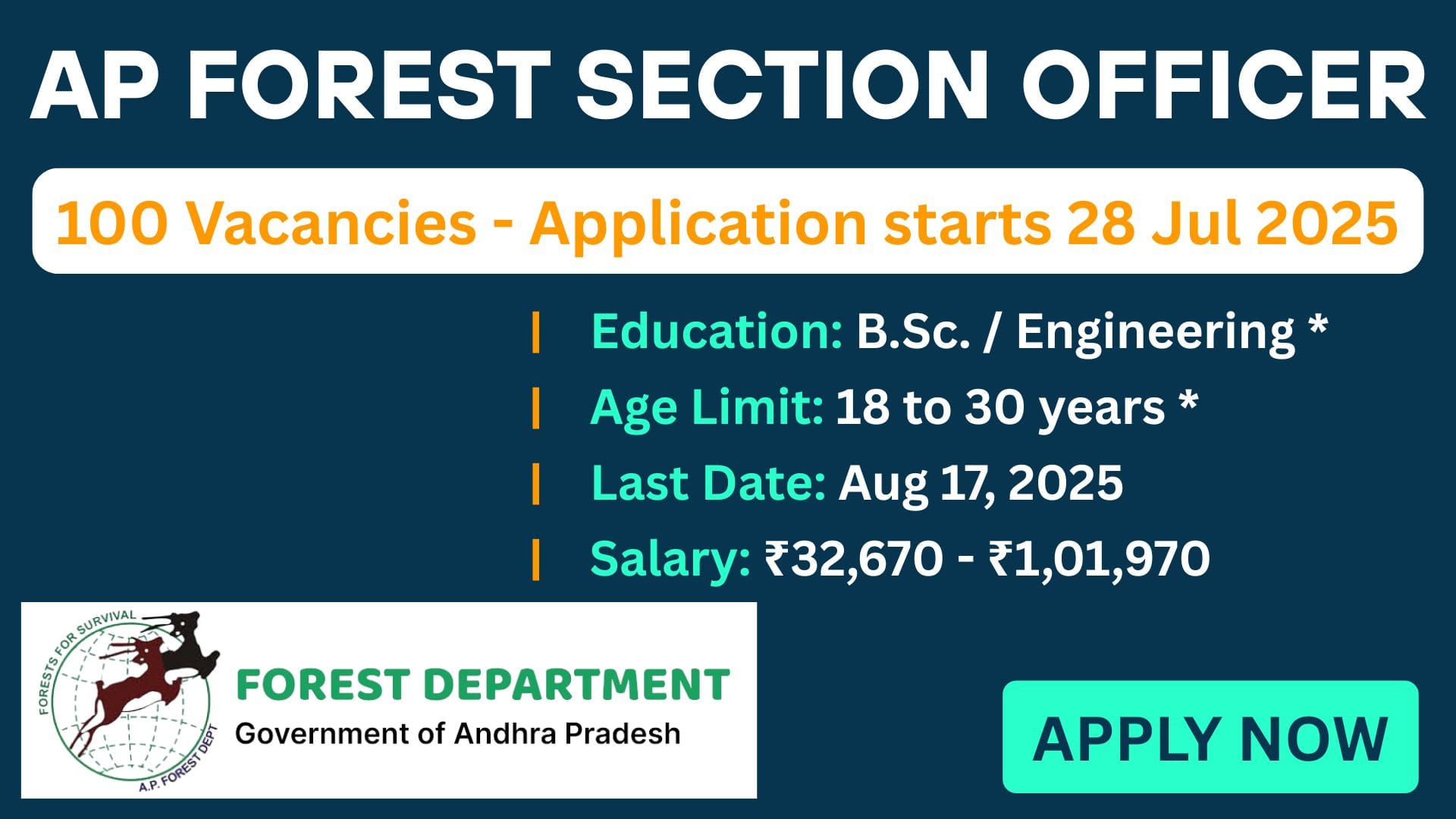 AP Forest Section Officer 2025 notification banner showing 100 vacancies, ₹32,670–₹1,01,970 salary, application dates from 28 July to 17 August, and eligibility for B.Sc./Engineering graduates.