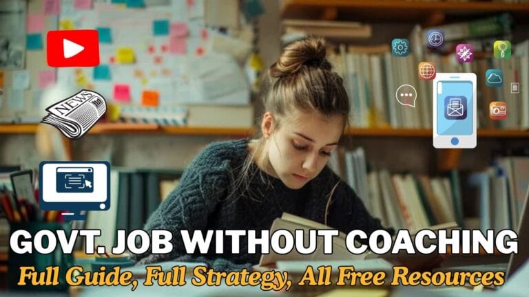 A focused student studying at home with open books, a laptop showing a government exam notification, and floating icons of free apps, mock tests, and study plans. Text on the image reads "crack government job without coaching – free resources, study plans & toppers’ tips inside. "