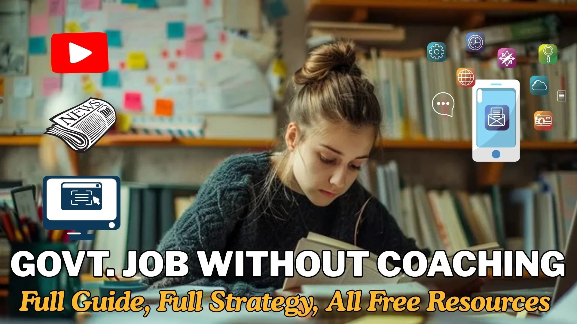 A focused student studying at home with open books, a laptop showing a government exam notification, and floating icons of free apps, mock tests, and study plans. Text on the image reads "Crack Government Job Without Coaching – Free Resources, Study Plans & Toppers’ Tips Inside."